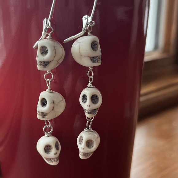 Triple Magnesite Skull Dangle Earrings, Handmade Original Design - Picture 2 of 4